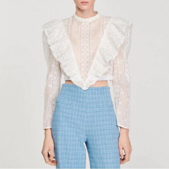 Sandro Ladies Lace Blouse Round Neck Ruffle Long Sleeve Top - Picture 1 of 11